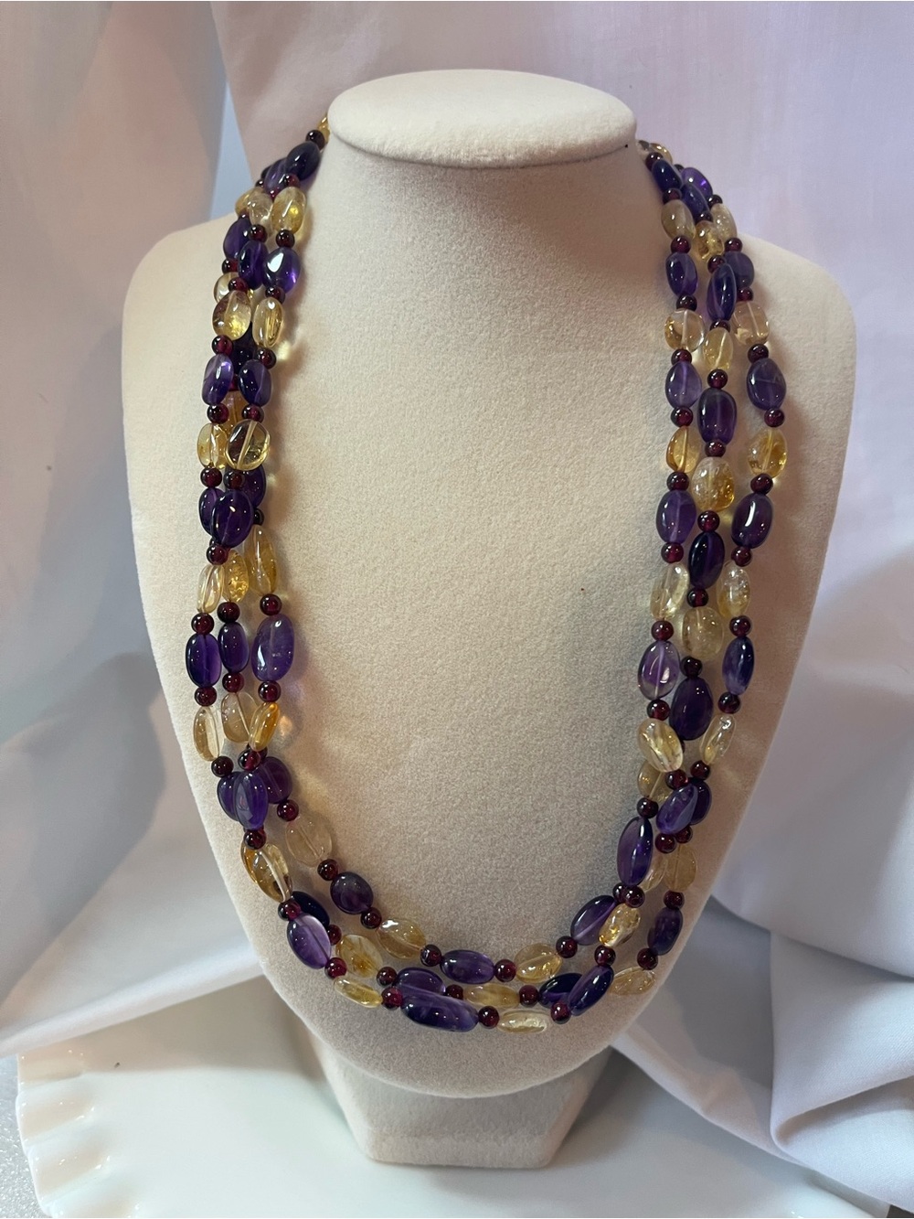 Triple-Strand Amethyst, Citrine, and Garnet Beaded Necklace. Italian?